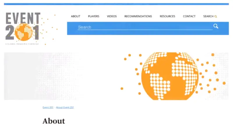 A screenshot of the original Event 201 website heading showing their logo which includes an orange and white globe with floating orange dots all around.