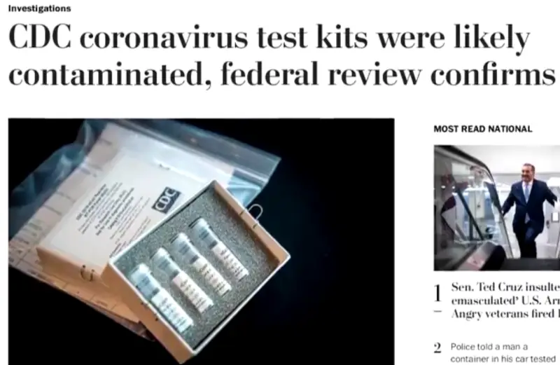 A screen shot of a news story with the headline, CDC Coronavirus test kits were likely contaminated, federal review confirms
