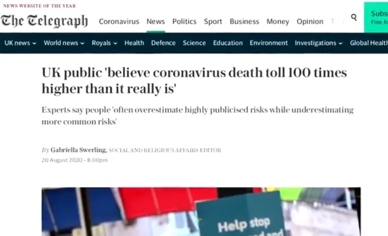 A screenshot of a news story with the headline, UK Public believe coronavirus death toll 100 times higher than it really is.