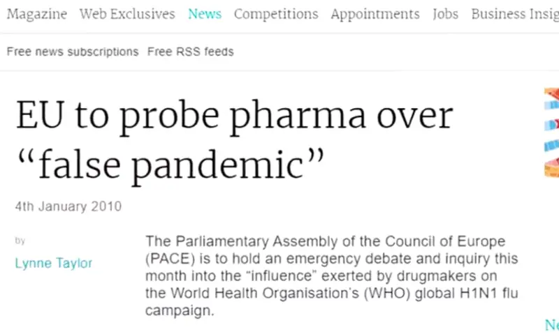 A screen shot from a news story reading, EU to probe pharma over false pandemic