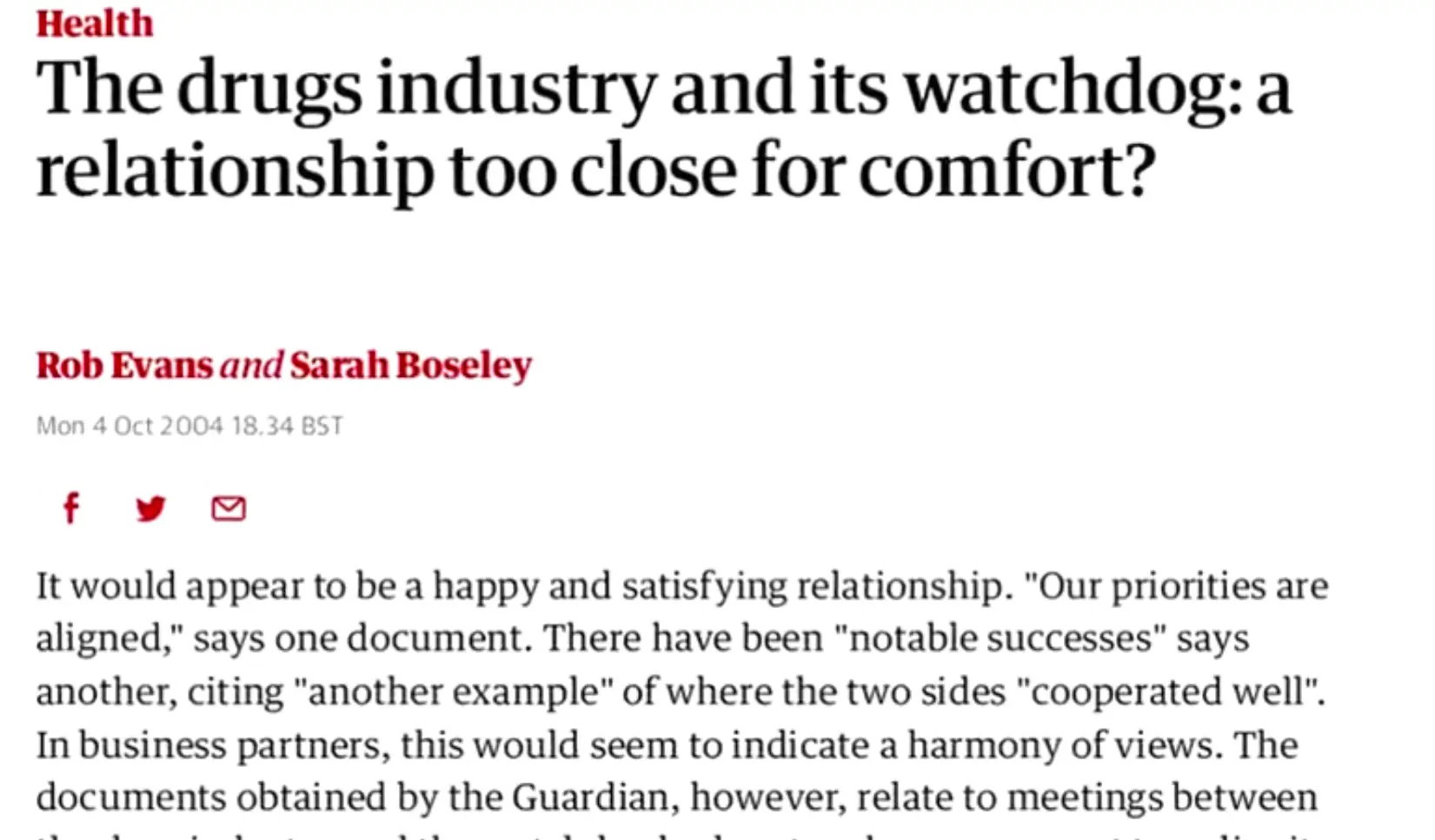 A screenshot of a 2004 article, headline reads, The drugs industry and its watchdog: a relationship too close for comfort?