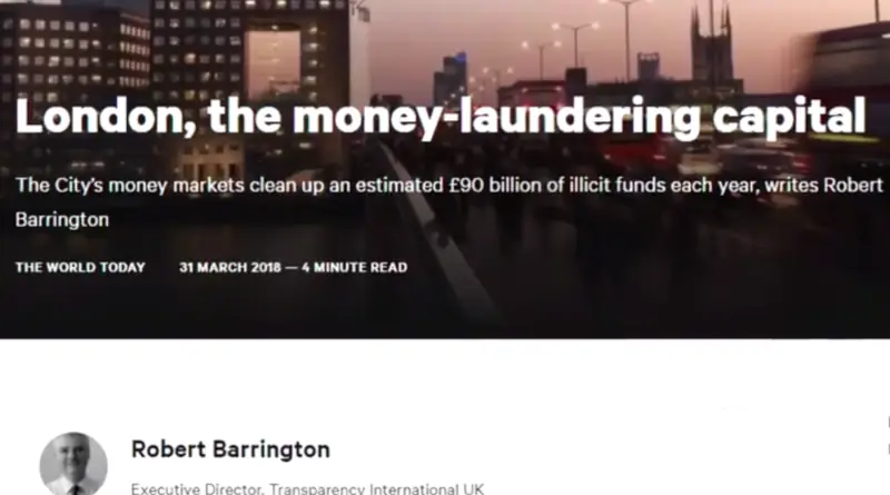 A screenshot of an article on money laundering suggesting London money markets launder around £90 billion per year