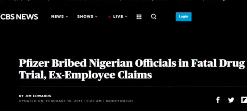 A screenshot from a CBS news report titled, Pfizer bribed Nigerian officials in fatal drug trial, ex-employee claims. 