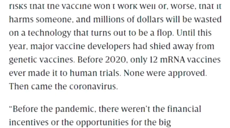 An excerpt from an article discussing the novelty of mRNA vaccines, stating that prior to 2020, only twelve had made it to human trials, and none of them were approved for use
