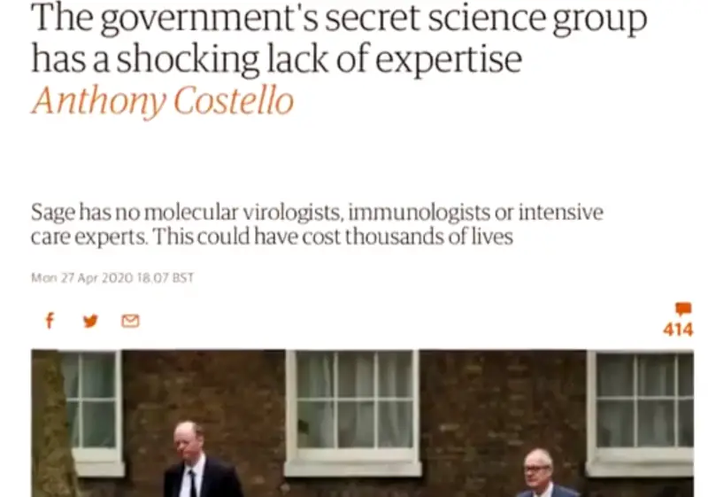 A screen shot from the Guardian titled, The government's secret science group has a shocking lack of expertise