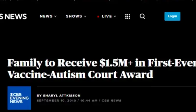 A screen shot of a CBS News article. The title reads, Family to receive $1.5M+ in first ever vaccine-autism court award