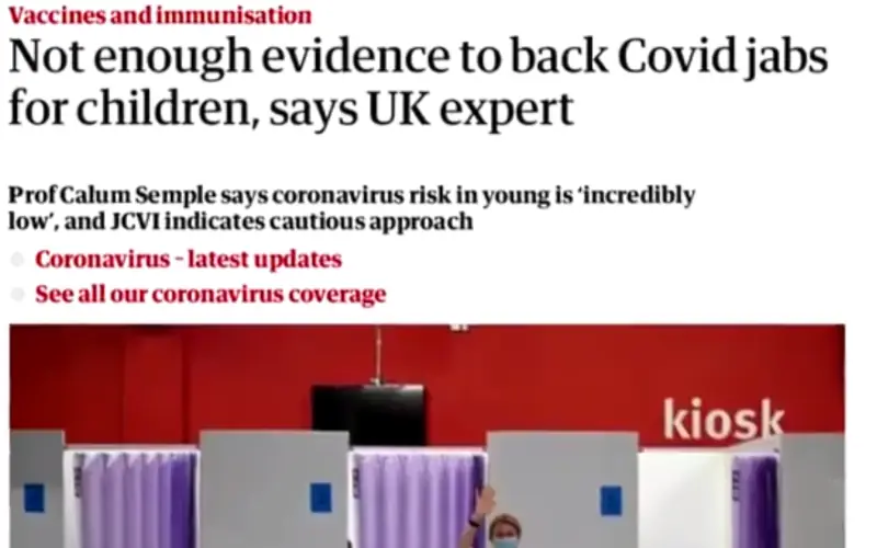 A screenshot of a news report titled, Not enough evidence to back COVID jabs for children, says UK expert