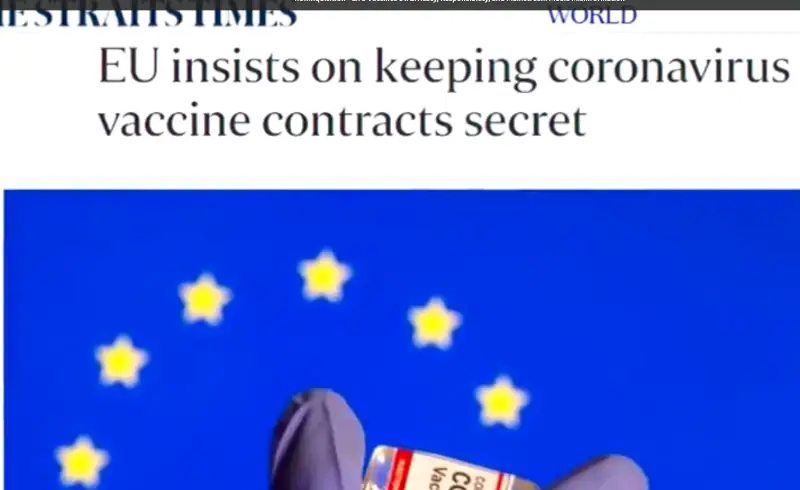 A screenshot from a news website. The title reads, EU insists on keeping coronavirus vaccine contracts secret