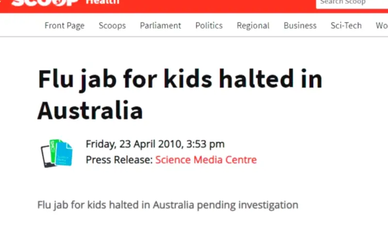 A screen shot from Scoop Health. The title reads, Flu jab for kids halted in Australia