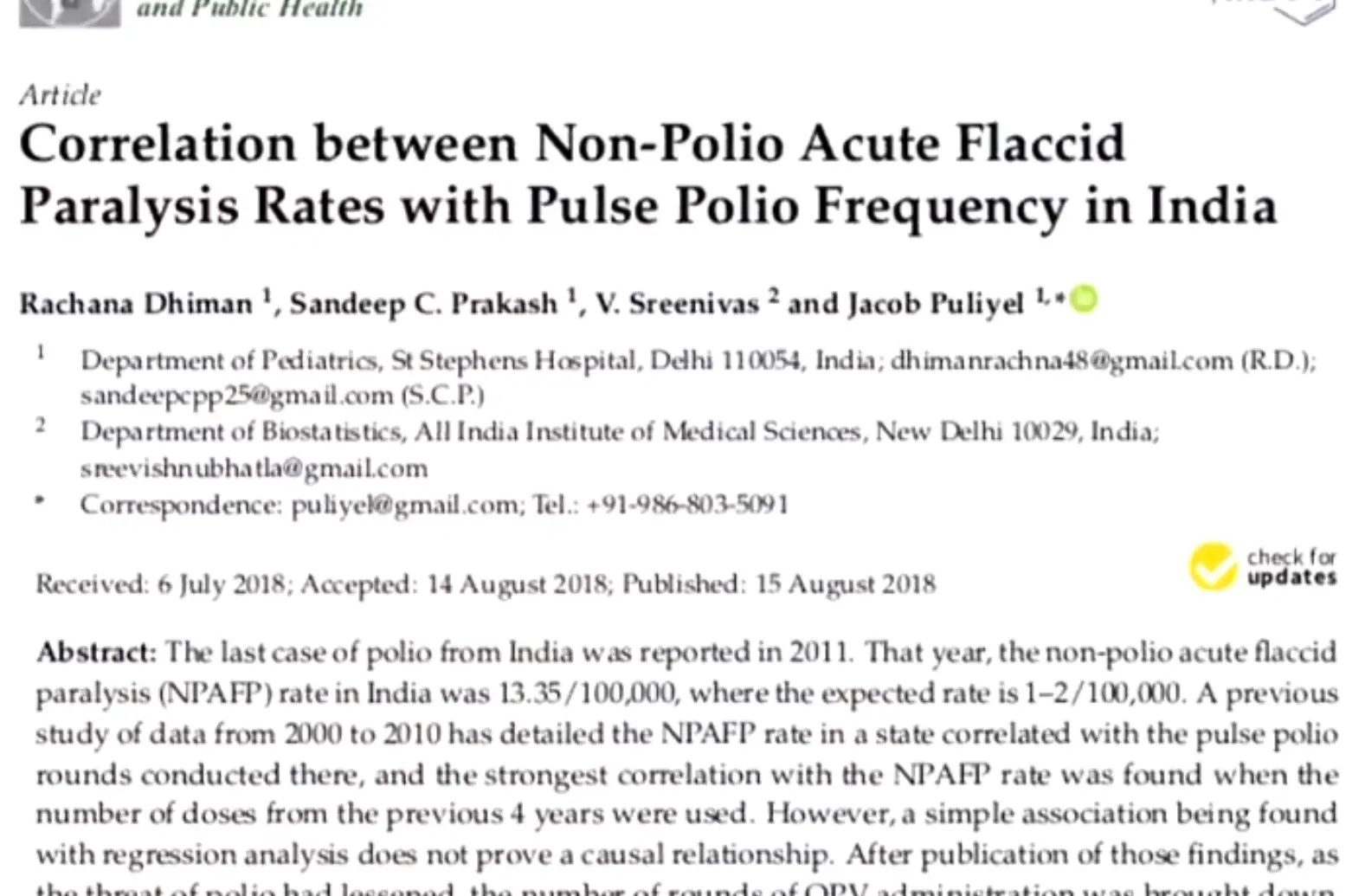 A scientific article. The title reads, Correlation between non-polio acute flaccid paralysis rates with pulse polio frequency in India