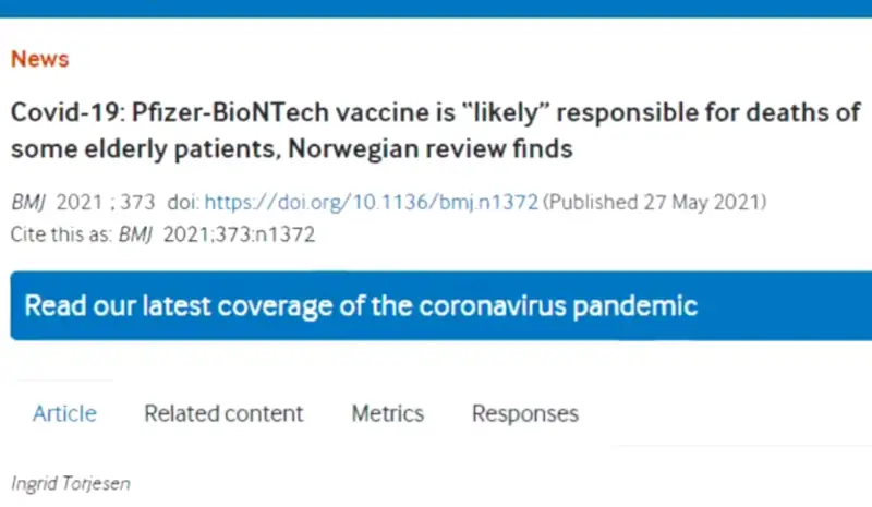 A BMJ article titled, COVID-19 Pfizer-BioNTech vaccine is likely responsible for deaths of some elderly patients, Norwegian review finds