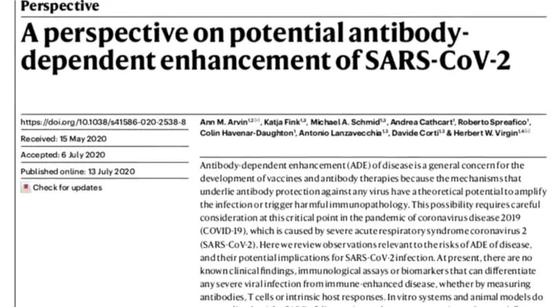 A screenshot of an article titled, A perspective on potential antibody-dependent enhancement of SARS-CoV-2