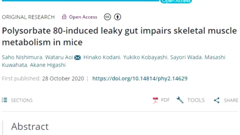 A screen shot of a scientific article titled, Polysorbate 80-induced leaky gut impairs skeletal muscle metabolism in mice