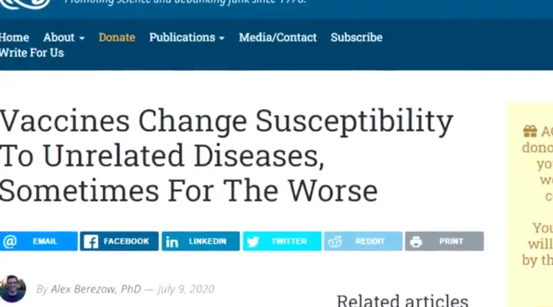 A screenshot of an article titled, Vaccines change susceptibility to unrelated diseases, sometimes for the worse