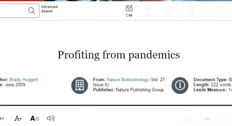 A screen shot of a 2009 article titled, Profiting from pandemics