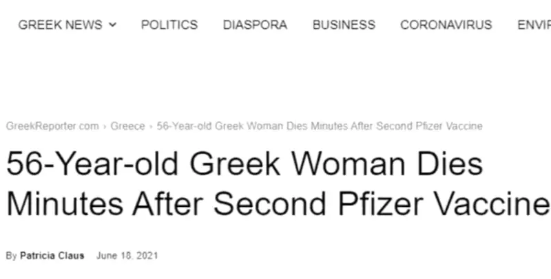 A screen shot of an online news story titled, 56-year-old Greek woman dies minutes after second Pfizer vaccine