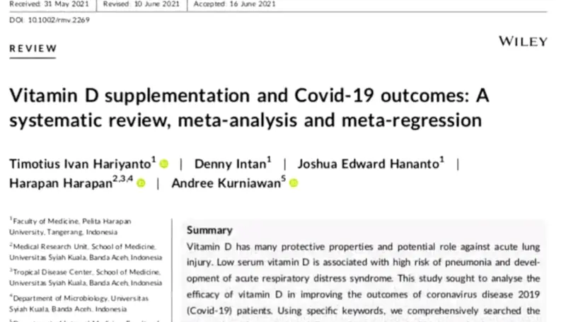 A scientific article titled, Vitamin D supplementation and COVID-19 outcomes: A systematic review, meta-analysis and meta-regression