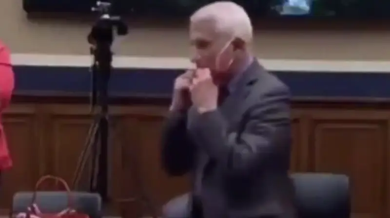 A still image of Dr Fauci, captured from video footage of him slipping a facemask over his mouth before a public appearance in front of a camera.