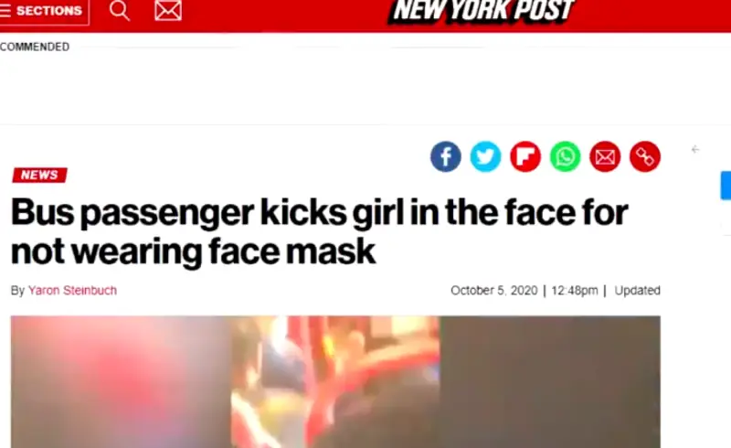 A screen shot of a New York Post article titled, Bus passenger kicks girl in the face for not wearing a mask